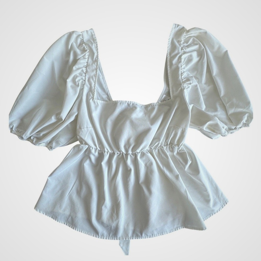 H&M Divided White Puff Sleeve Peplum Top Square‎ Neck Tie Back Size M